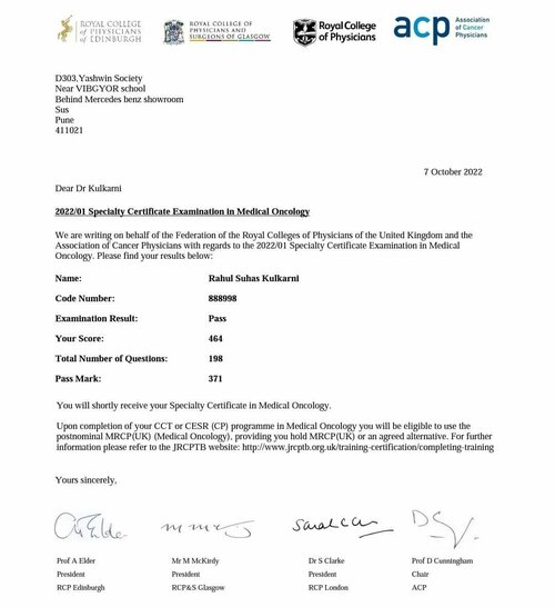 Speciality Certificate in Medical Oncology to Dr. Rahul Kulkarni|OncoWin Clinic|Aundh,Pune